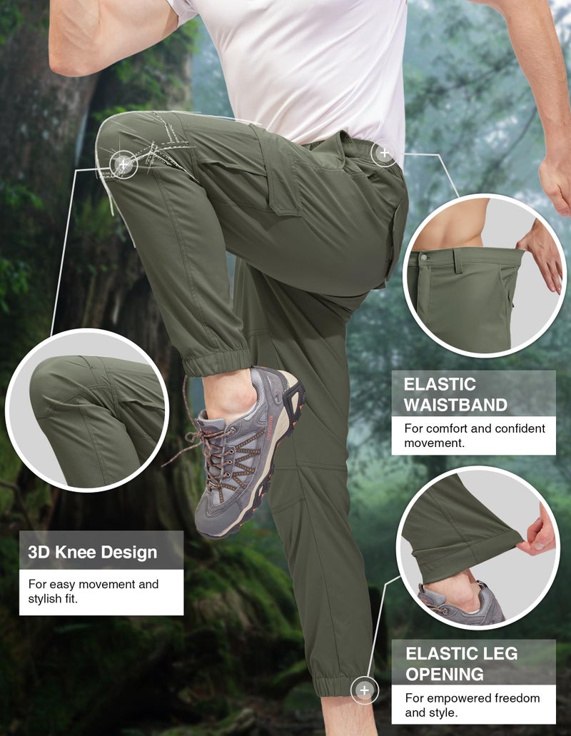 PULI Hiking Pants for Men Cargo Slim Fit Stretch Joggers Workout Waterproof Outdoor Trousers with Pockets Army Green 32 - Image 3
